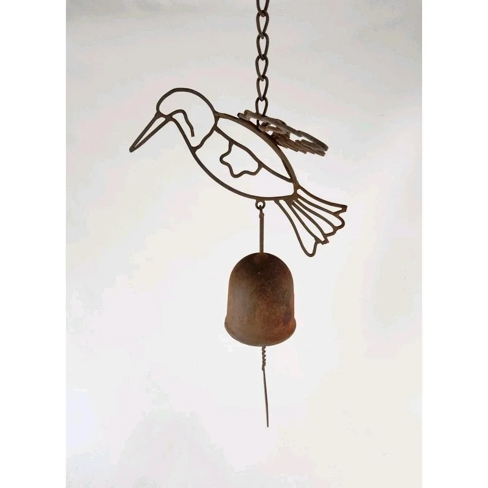 Vintage Cast Iron Hummingbird Wind Chime Primitive Rustic Metal Bell Bird